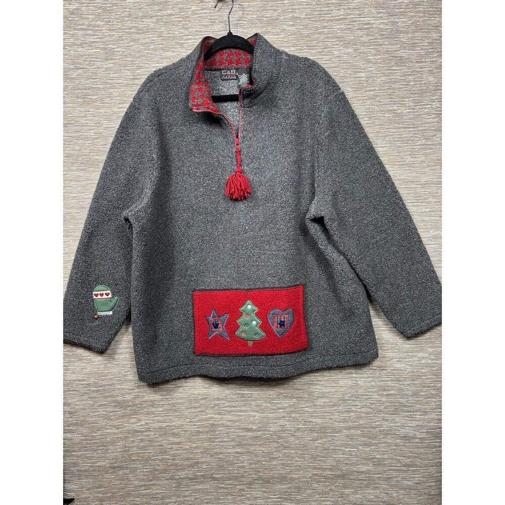 C&B Sport Sweater Womens 2X Gray 1/4 Zip Mock Neck Ugly Christmas Pullover